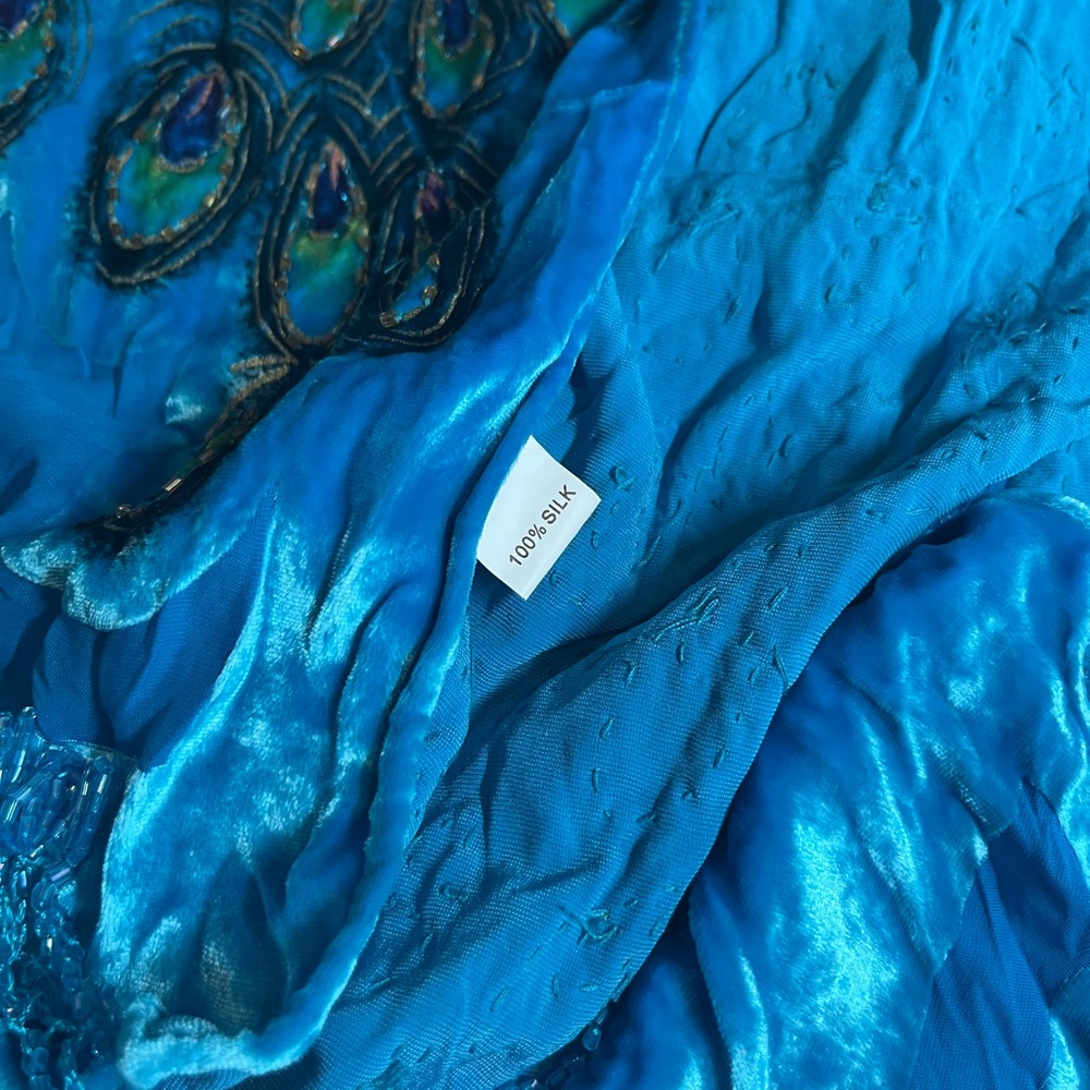 VTG Panne Silk Scarf Beaded Crushed Velvet Shawl Peacock Turquoise Floral Wrap - Picture 11 of 11